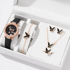 Mode Minimalistisch Damen Analog Quarz Uhr Kunstlederband Rundes Gehäuse Strass Schmetterling Zifferblatt Armband Schmuck Set