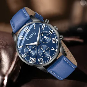 Nahaufnahme einer Gaiety Herrenuhr mit blauem Zifferblatt und Lederarmband.