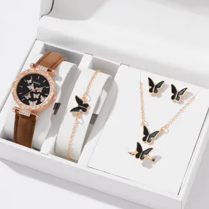 Elegantes 5-teiliges Schmetterlingsuhren- und Schmuckset für Damen in Geschenkbox