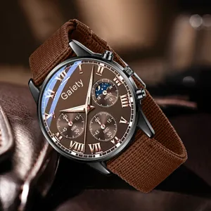 Nahaufnahme der braunen Herren-Quarzuhr mit Nylonarmband und römischen Ziffern