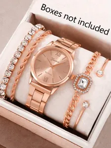 Elegante roségoldene Quarzuhr und luxuriöses Kristallarmband-Schmuckset für Damen