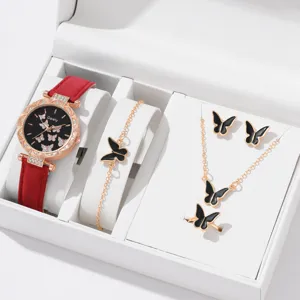 Elegantes Geschenkset mit Schmetterlingsuhr und Schmuck, versehen mit rotem Lederarmband.