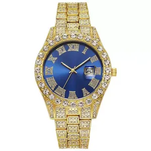 Luxuriöse vergoldete Herren-Quarzuhr mit diamantbesetzter Lünette und blauem Zifferblatt.