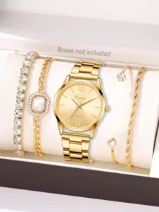 Detailansicht der Damen-Quarzuhr und des Armbandsets in Goldoptik auf weißem Kissen