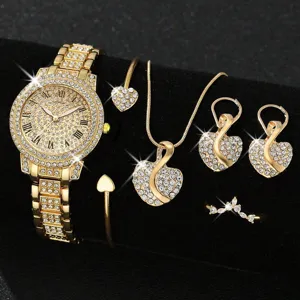 Luxus Damen Quarzuhr Schmuck Set Herz Strass Eingelegt Legierung Halskette Ohrringe Armband Ring Set Römische Zifferblatt Mode Armbanduhr Zubehör