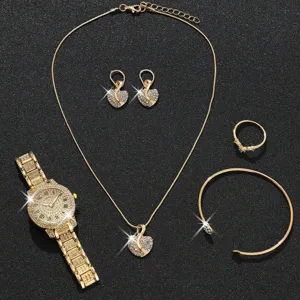 Elegantes goldfarbenes Damen-Quarzuhren- und Herzschmuck-Set mit funkelnden Kristallsteinen