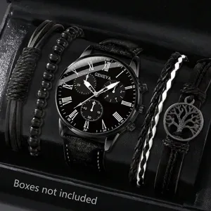 Stilvolle schwarze Herren-Quarzuhr und 4-teiliges Armband-Set mit Lebensbaum-Anhänger