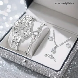 Luxus Damen Strass Uhr Schmuck Kollektion Legierung Vereiste Quarzuhr Römische Ziffer Zifferblatt Armband Halskette Ohrring Zubehör