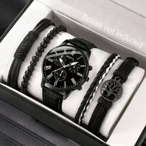 Elegantes schwarzes Quarzuhren-Set für Herren mit vier Armbändern, Geschenkbox nicht enthalten.