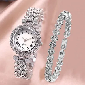 Detailed macro shot of an elegant women's rhinestone quartz watch with matching bracelet