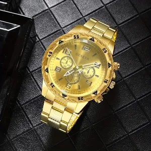 Luxuriöse goldene Geneva Herren-Business-Quarzuhr mit Edelstahlarmband