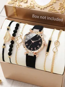 Luxuriöse Damenuhr mit schwarzem Sternenzifferblatt und passendem Armband-Set