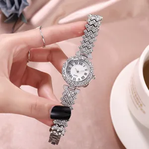 Close-up of elegant women's quartz watch with silver rhinestone steel band