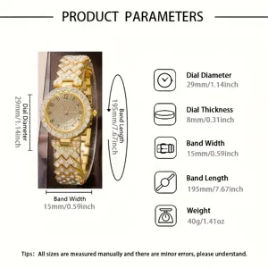 Detailed size and weight parameters for luxury women's full diamond quartz watch.