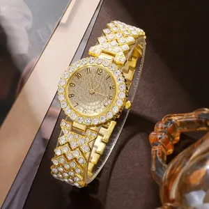 Detailed view of women's luxurious gold-toned watch encrusted with brilliant rhinestones.
