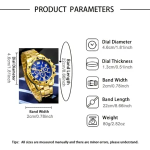 Detaillierte Spezifikationen und Produktparameter der goldenen Herrenuhr mit blauem Blatt