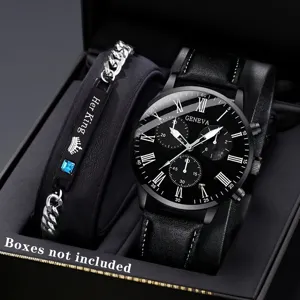 Genfer Herren-Quarzuhr und Her King Lederarmband-Set in eleganter schwarzer Box