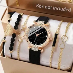 Luxus Nische Legierung Strass Damen Armbanduhr Sternenzifferblatt PU Lederband Quarz Uhr Schmuck Armband Zubehör Kombination