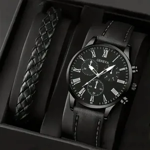 Nahaufnahme von Genfer Herrenuhr in Schwarz mit geflochtenem Armband in Geschenkbox