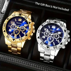 Detailansicht von Gold- und Silberquarzuhren mit blauem Zifferblatt in einer Uhrenbox