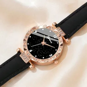 Luxuriöse Damen-Quarzuhr mit Sternenhimmel-Zifferblatt und schwarzem Lederarmband