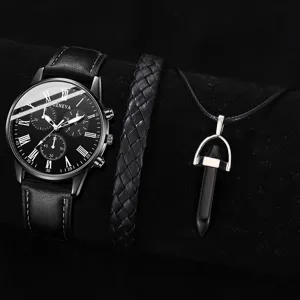Geneva Herren-Set mit schwarzer Lederuhr, geflochtenem Armband und Kristallhalskette