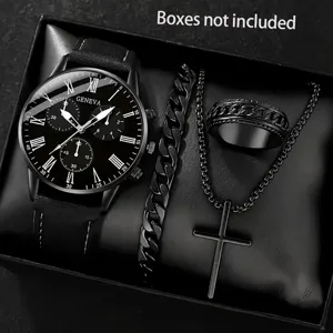 Detailansicht eines schwarzen Herren-Accessoire-Sets mit Uhr, Armband, Ring und Kette