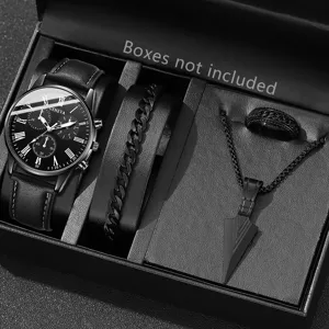 Detailansicht des komplett schwarzen Genfer Quarzuhrensets für Herren mit Schmuck