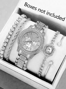 Detailansicht der eleganten, silberfarbenen Iced-Out-Uhr mit passendem Armband-Set