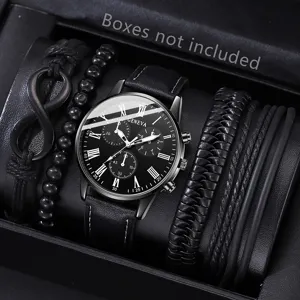 Professionelle Detailansicht der schwarzen Geneva Quarzuhr und Lederarmband-Set für Herren