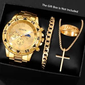 Luxuriöses goldfarbenes Herren-Quarzuhr-Set mit Armband, Ring und Kreuzhalskette
