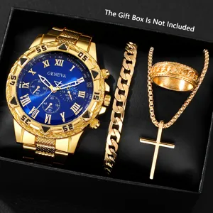 Goldenes Herrenuhren-Set mit passendem Armband, Halskette und Ring in einer Geschenkbox