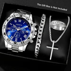 Geneva Herrenuhr mit blauem Zifferblatt, Stahlband, Armband, Ring und Halskette Set.