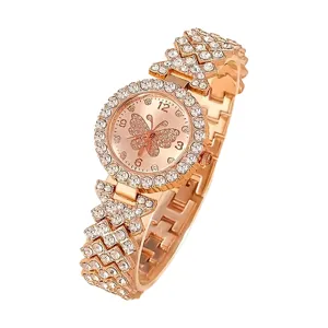 Elegante Damenarmbanduhr in Roségold mit Strass-Schmetterling und glitzerndem Armband