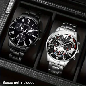 Premium Genfer Herren Quarzuhren Set in Schwarz und Silber im eleganten Business-Stil