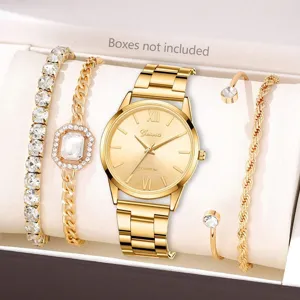 Geneva Luxus Gold Uhr Für Damen Römische Ziffern Zifferblatt Quarzuhr Legierung Edelstahl Armband Set Schmuck Zubehör