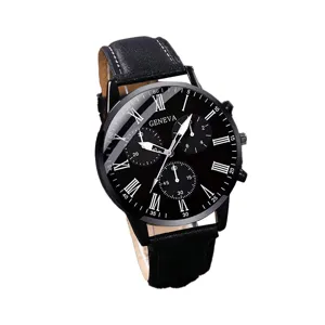 Geneva Business-Casual-Quarzuhr für Herren mit schwarzem Lederarmband und römischen Ziffern