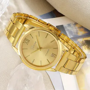 Elegante goldene Damen-Quarzuhr mit römischem Zifferblatt und klassischem Stahlarmband