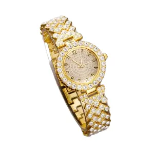 Elegant women's gold quartz watch with full rhinestone embellishment on dial and strap