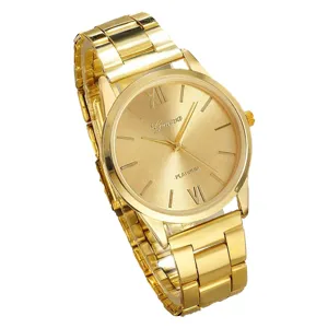 Luxuriöse goldene Damen-Quarzuhr mit römischem Zifferblatt und Stahlgliederband