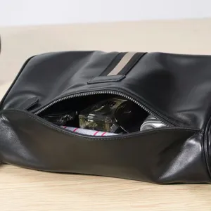 Premium genuine leather men toiletry bag travel pouch stylish soft cowhide black dopp kit