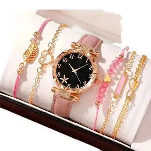 Elegantes Damen-Quarzuhr-Set in Roségold mit rosa Lederarmband und modischen Armbändern