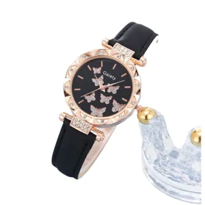 Elegante Damenuhr mit Schmetterlings-Zifferblatt und schwarzem Lederband, Roségold