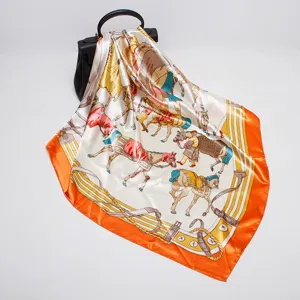 Elegant equestrian print silk square scarf with vibrant orange border for women fashion daily wear.