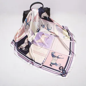 Elegant 90cm imitation silk square scarf with classic equestrian horse print design for women.