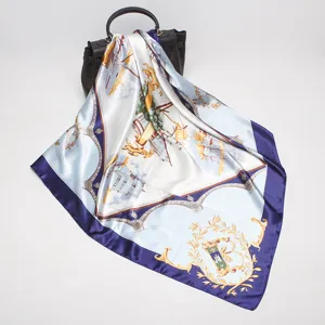 Detail view of a 90cm satin square silk scarf featuring classic vintage marine and baroque prints.