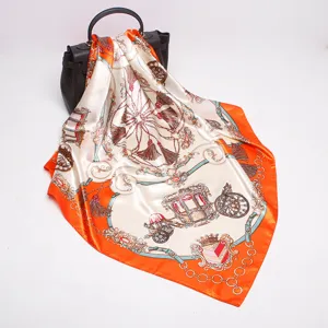 Luxury style satin square scarf 90cm elegant carriage print fashion women neckerchief
