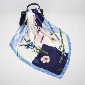 90cm imitation silk square scarf for women, elegant satin floral bamboo print neckerchief.