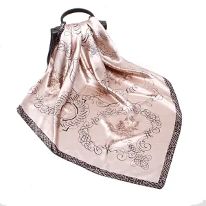 Exquisite 90cm satin silk square scarf with vintage baroque floral and scroll print design!