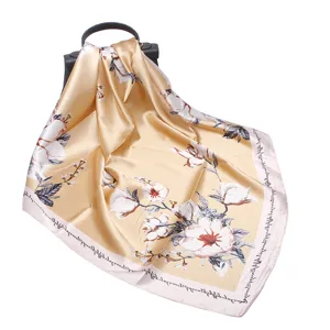Luxury satin floral square scarf for women, elegant gold silk-feel head wrap and neckerchief.